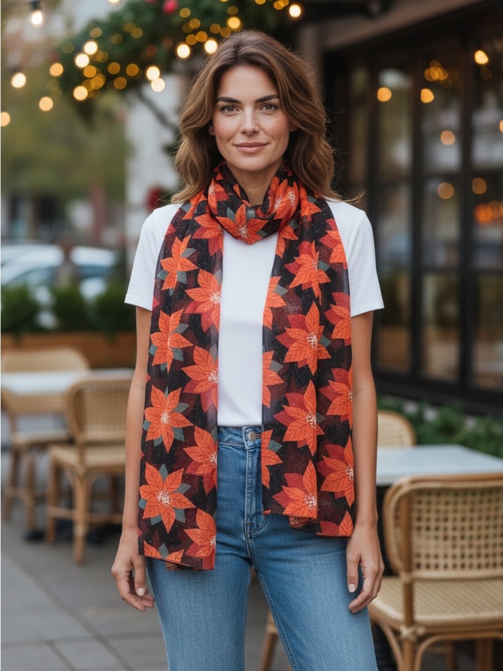 Women's Orange Floral Scarf - Lightweight Autumn Wrap